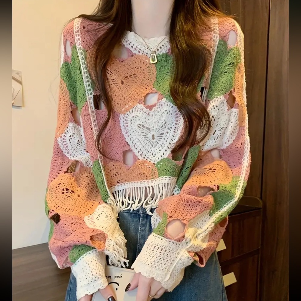 Heart crochet fringe crop top long sleeve open sweater pink green multicolor